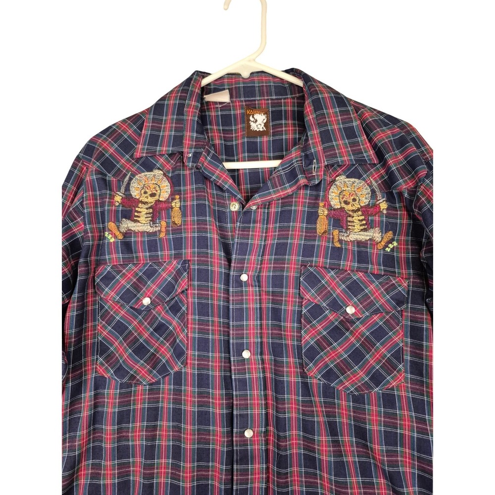 Karman Mens Plaid Western Shirt Skeleton Bandit Embroidery Navy Red Large